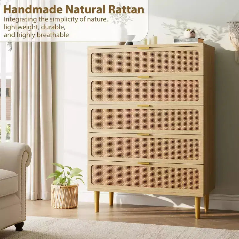 Commode à 5 tiroirs en rotin GustoWave pour chambre à coucher, commode haute avec tiroirs profonds, grande commode pour placard avec plateau large, longue commode en bois