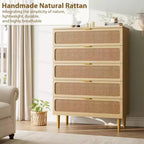 Commode à 5 tiroirs en rotin GustoWave pour chambre à coucher, commode haute avec tiroirs profonds, grande commode pour placard avec plateau large, longue commode en bois