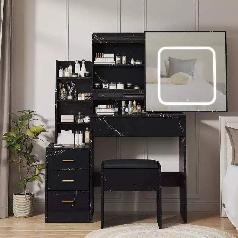 Coiffeuse Acekool avec tiroirs de rangement, miroir coulissant, station de charge, éclairage réglable, tabouret, marbre noir