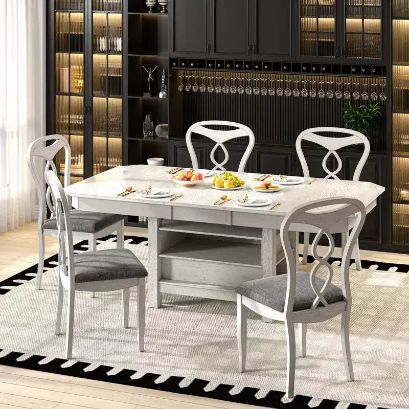 Ensemble de salle à manger extensible VECELO 5/7 pièces, table en bois d'hévéa avec 4/6 chaises de salle à manger rembourrées sans accoudoirs pour la cuisine, gris