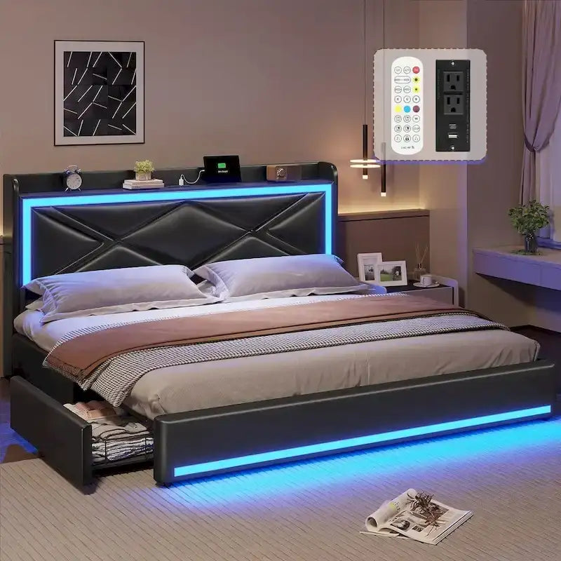 Cadre de lit avec lumières LED, tête de lit et station de charge USB-C/A, 4 tiroirs