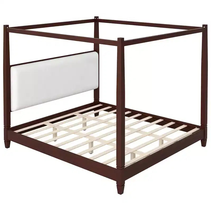 Lit plateforme à baldaquin Reyes de GDFStudio avec tête de lit capitonnée et pieds de support à lattes en bois