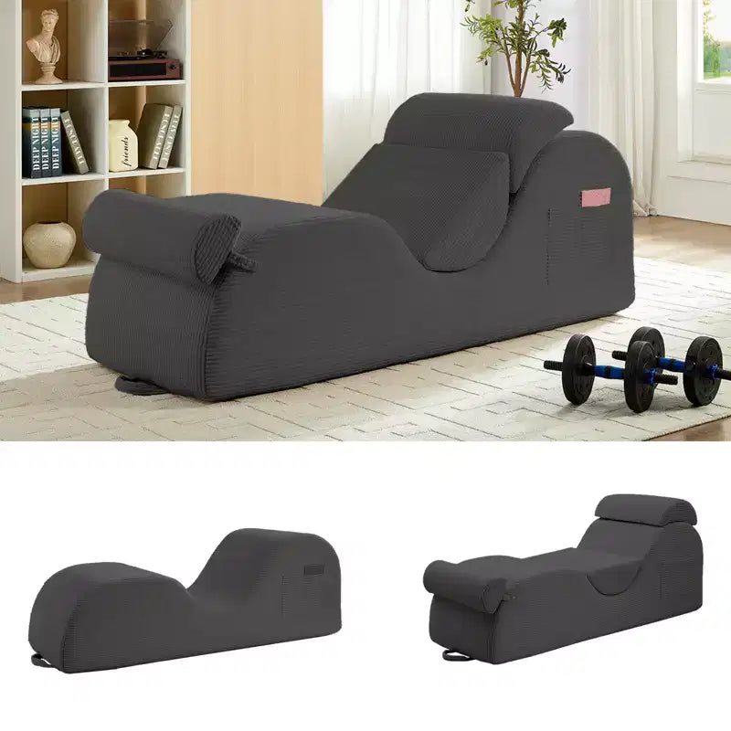 Mjkone Chaise Longue de Yoga en Velours Côtelé, Canapé de Yoga Incurvé avec Appui-Tête/Coussin Lombaire/Repose-Pieds Amovibles, Base Antidérapante