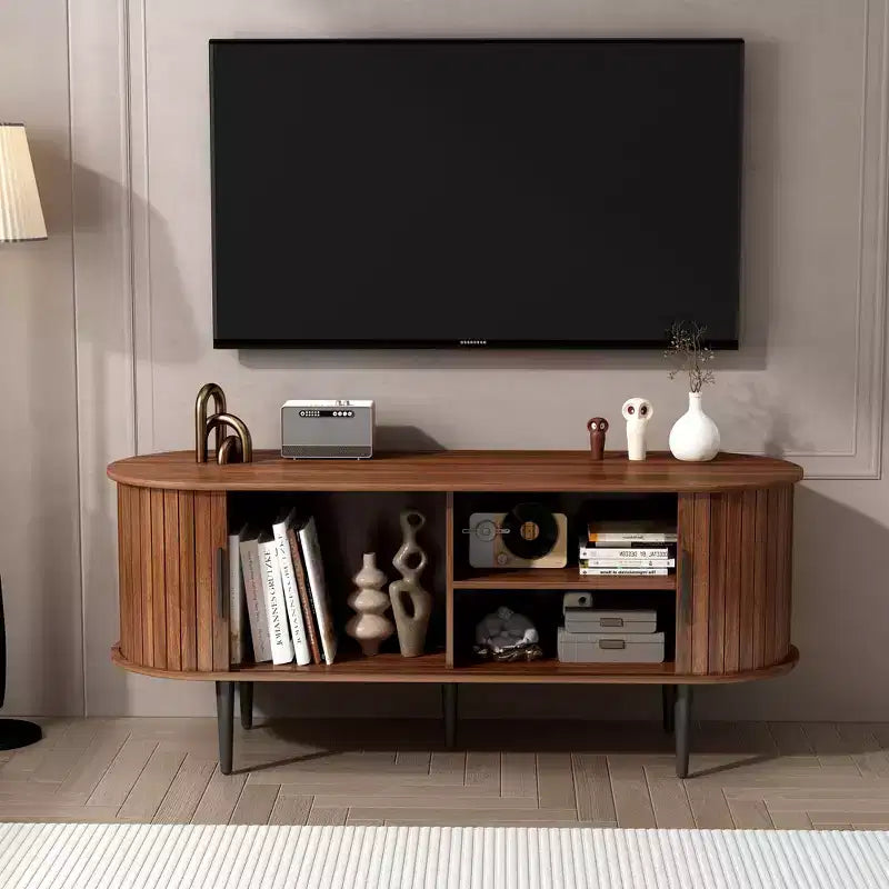 JVNOXK 55 Table de Console TV Moderne avec Compartiment de Rangement et Porte Coulissante - Meuble TV-Hifi Noyer pour Salon, Chambre, Bureau