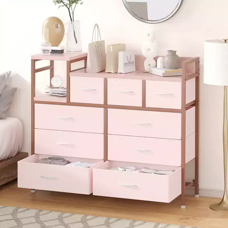 COZONY Commode de rangement à 9 tiroirs de 86,4 cm de haut et meuble TV, Tour de rangement en tissu, Rangement à cadre en acier robuste pour le salon, utilisation dans les petits espaces
