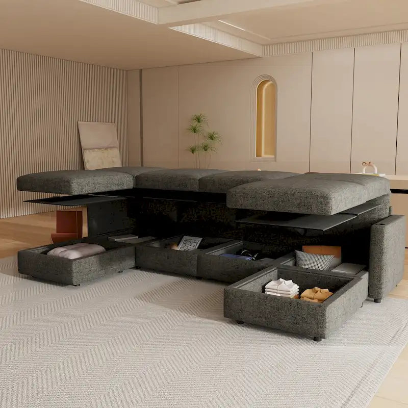 Canapé d'angle modulable 4 places en U gris 123 avec poufs de rangement