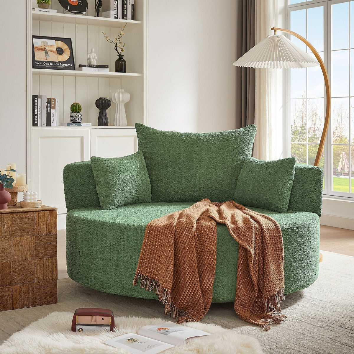 Fauteuil baril accent en chenille, Fauteuil de salon, Fauteuil rond avec base pivotante à 360 degrés et 3 coussins amovibles
