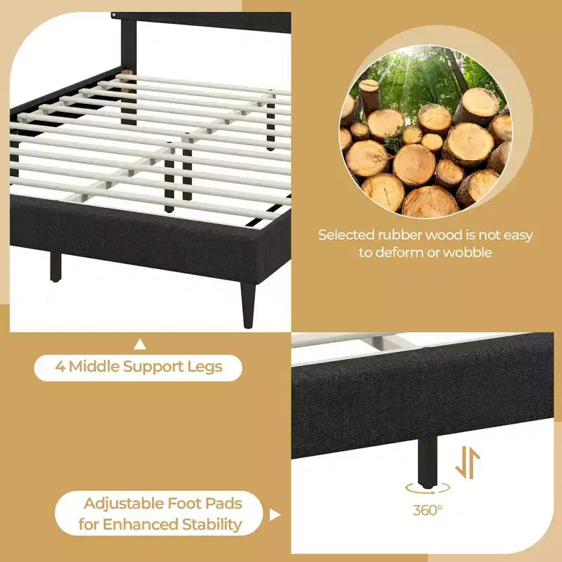 Cadre de lit rembourré Costway Queen Size avec tête de lit cloutée et support à lattes en bois