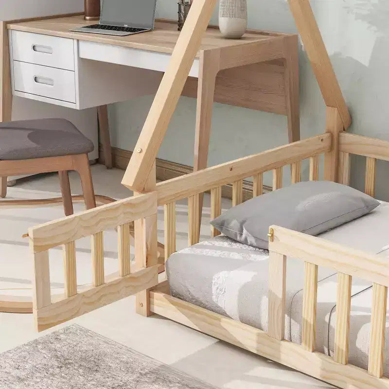 Okak Lit au sol simple/double avec toit amovible en forme de tente et rails de sécurité à 360° pour les tout-petits de 2 à 6 ans, lit pour enfants facile à monter, chambre d'enfant