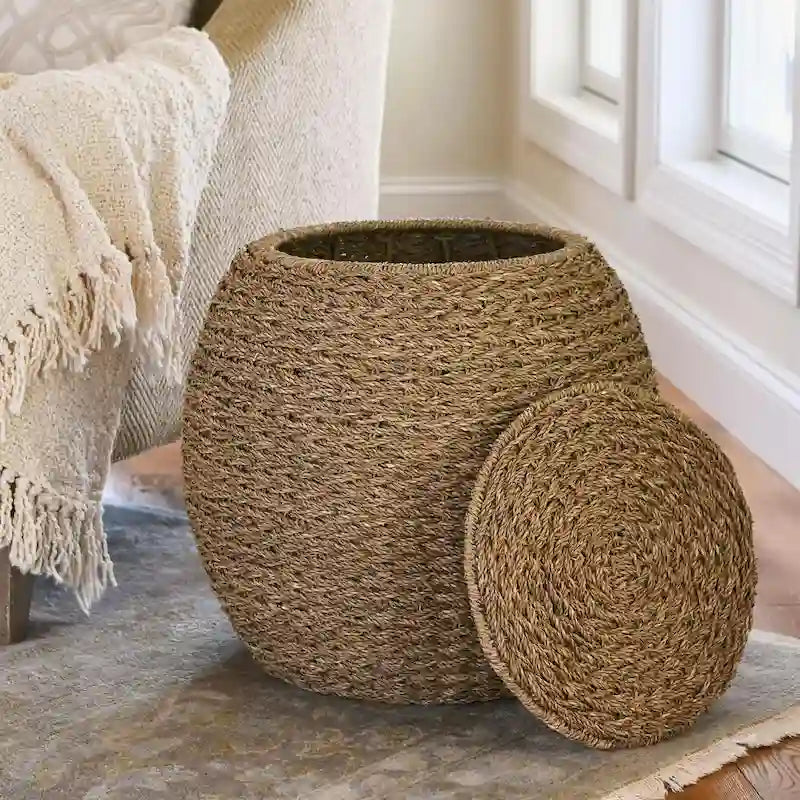 Table d'appoint en osier tissé à la main avec panier de rangement - 17,0 long. x 17,0 larg. x 19,0 haut.