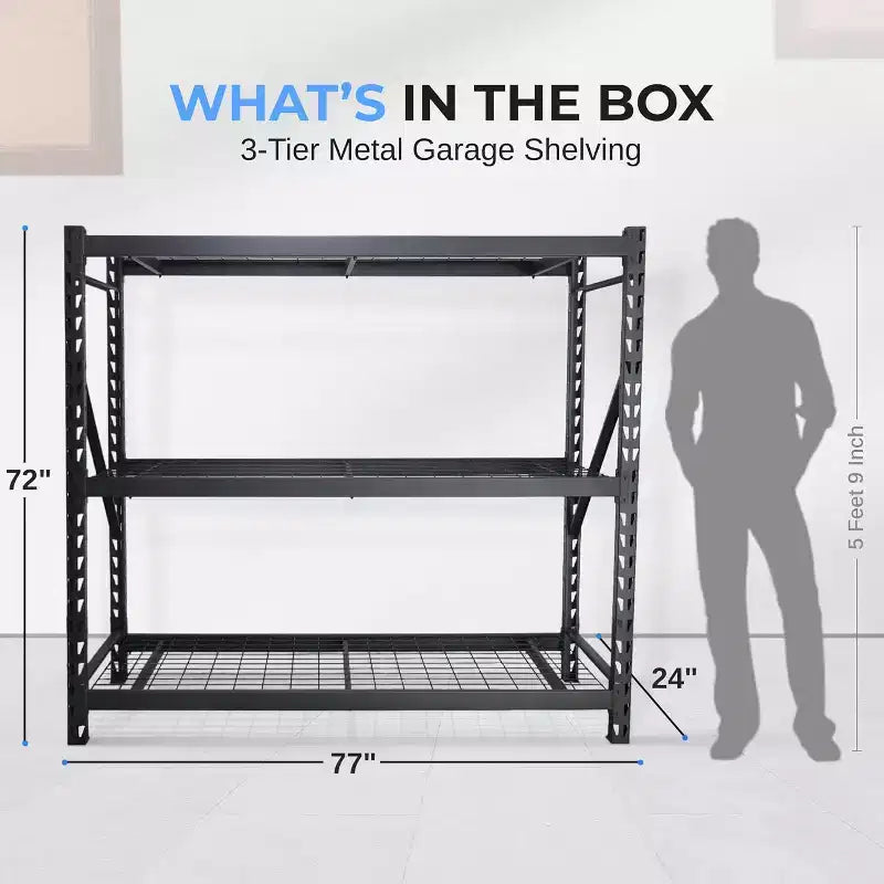 Étagère métallique de garage 3 niveaux robuste pour le rangement, avec une capacité de 900 kg par niveau, réglable, conception robuste