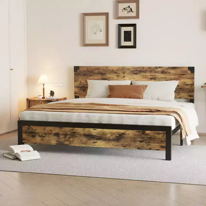 Cadre de lit avec rangement sous le lit, lit plateforme en métal avec tête de lit en bois, aucun sommier tapissier requis