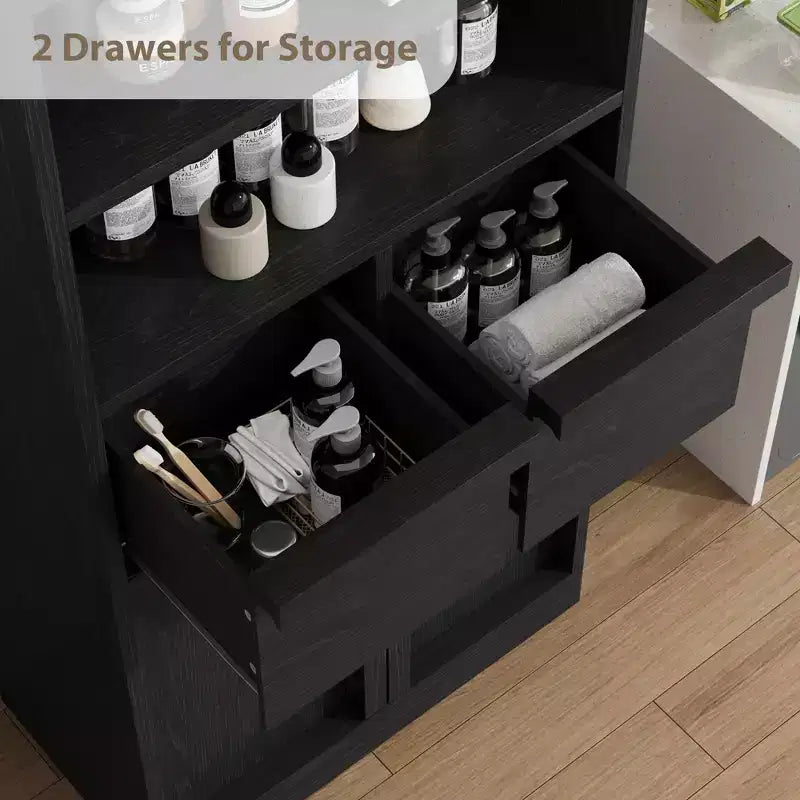 Meuble de Rangement Salle de Bain Haut de 129 cm, Meuble Bas Autonome avec 2 Tiroirs, Meuble de Rangement pour Salon Cuisine Salle de Bain
