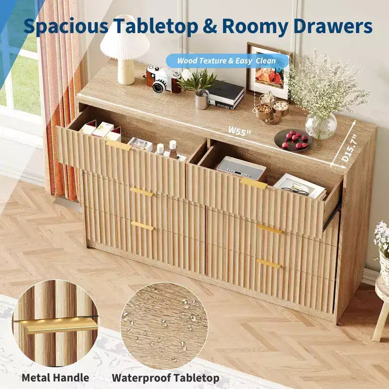 COZONY Commode cannelée à 8/9 tiroirs - Grand meuble de rangement en bois avec poignées métalliques et dispositif anti-basculement pour chambre à coucher, salon, couloir