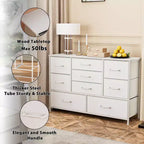 Commode de rangement moderne blanche à 9 tiroirs, dessus en bois, organisateur en tissu, grand meuble de chambre à coucher, entrée, console TV de 45 pouces