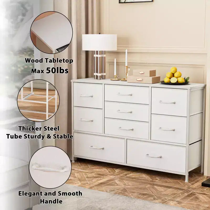 Commode de rangement moderne blanche à 9 tiroirs, dessus en bois, organisateur en tissu, grand meuble de chambre à coucher, entrée, console TV de 45 pouces