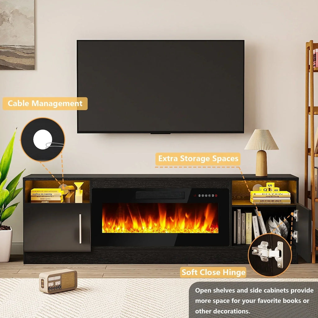 Meuble TV cheminée Bossin 70 avec cheminée électrique 36, meuble TV pour téléviseurs jusqu'à 80 pouces, lumières LED 16 couleurs/centre de divertissement