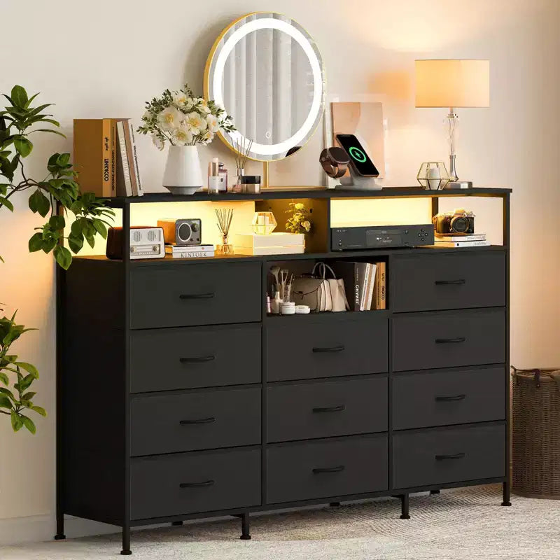 COZONY Meuble TV 55 avec commode en tissu 11 tiroirs et étagères ouvertes, organisateur de rangement pour chambre et salon