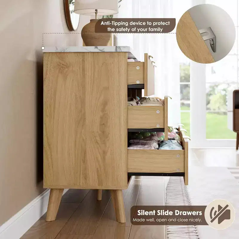 Commode 6 tiroirs pour chambre à coucher, commode de 120 cm de large avec profil incurvé, tiroirs en bois cannelé, commode moderne pour salon