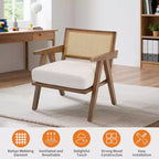 Fauteuil Acekool, dossier en rotin, pieds en bois, coussins épais, fauteuil de salon, chambre ou balcon, lin beige ou flanelle teddy