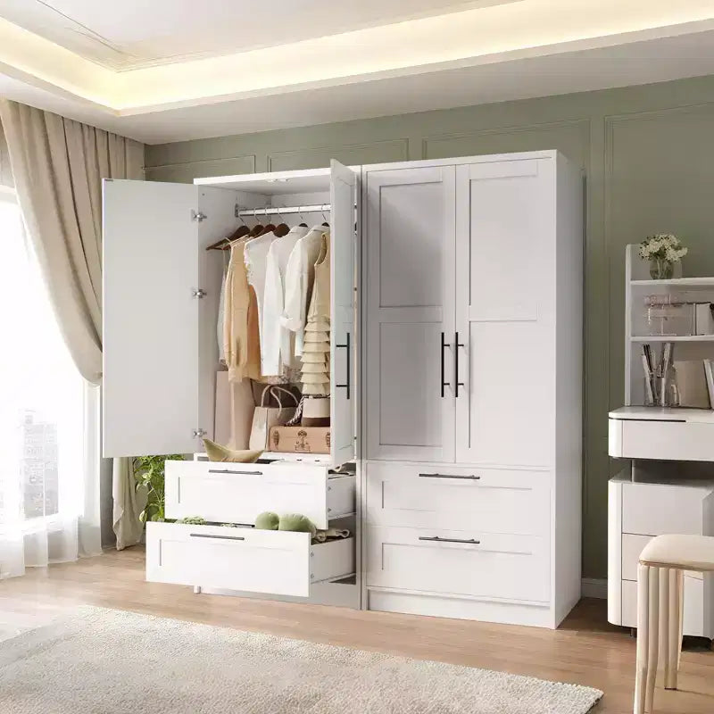 Armoire en bois 2 portes avec 2 tiroirs et étagère pour suspendre les vêtements, placard de rangement autonome pour chambre à coucher et salon