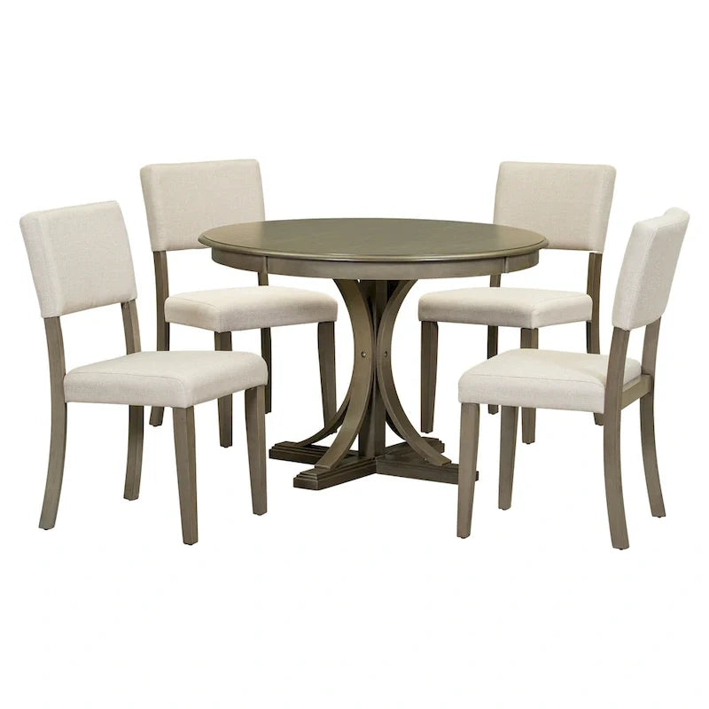 Ensemble de salle à manger 5 pièces en bois taupe rétro avec table à tréteaux courbés et 4 chaises