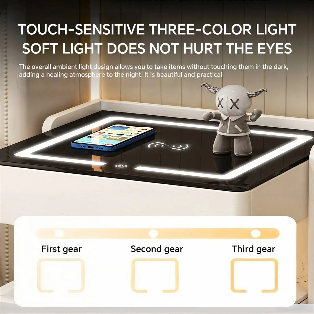 Table de chevet avec rangement à tiroirs, recharge sans fil et éclairage LED