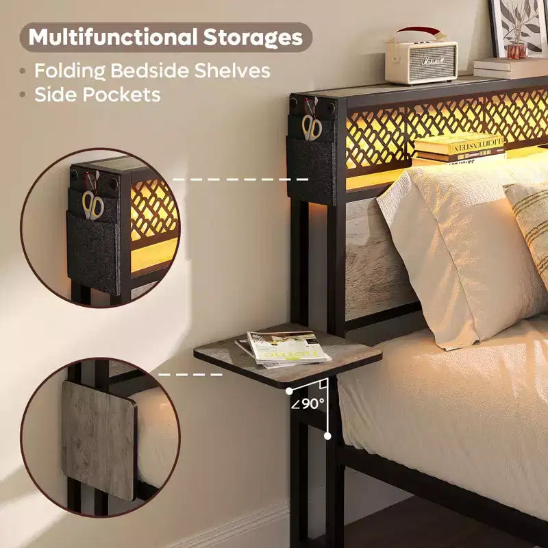 Cadre de lit Bestier Queen/Full en tissu, plateforme de lit LED, tête de lit de rangement avec étagères pliantes et station de charge