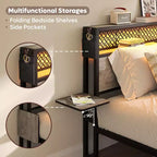 Cadre de lit Bestier Queen/Full en tissu, plateforme de lit LED, tête de lit de rangement avec étagères pliantes et station de charge