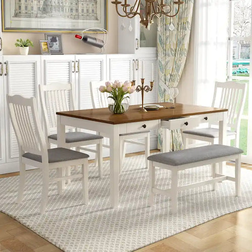 Ensemble de salle à manger 6 pièces en bois avec 4 chaises et un banc, table avec tiroir