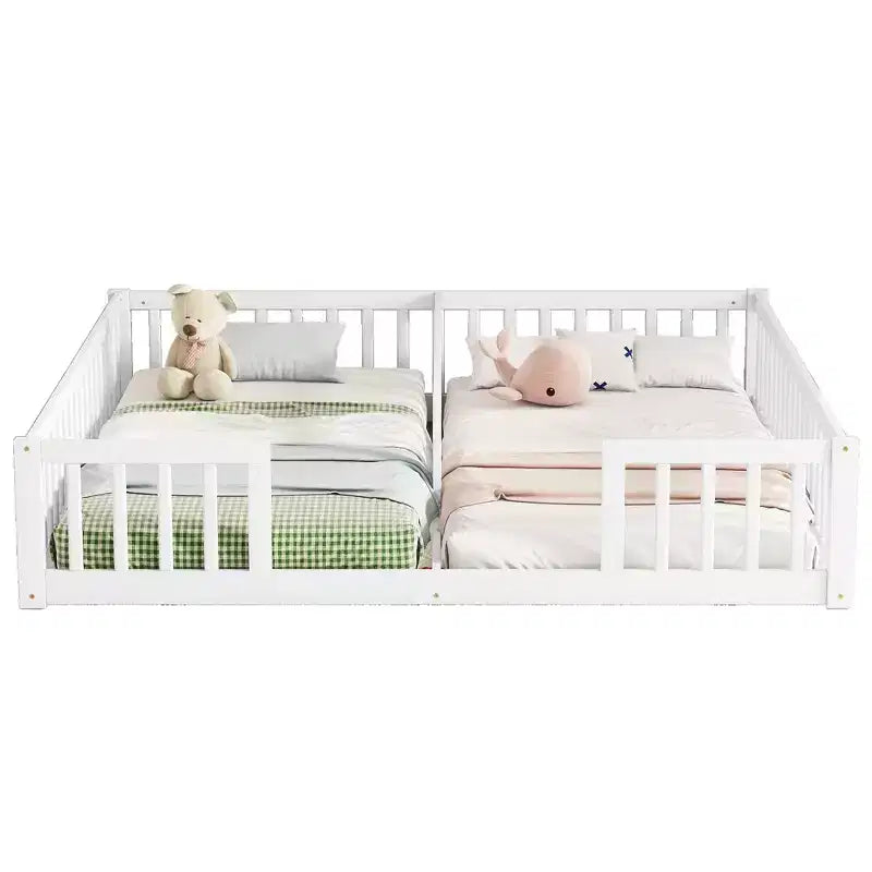 Lit double superposé avec barrière de sécurité, lit plateforme en bois avec clôture pour 2 enfants