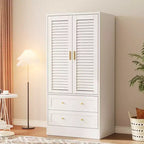 Armoire penderie à persiennes de 165 cm, Meuble de rangement en bois avec 2 portes et 2 tiroirs, Armoire de chambre avec tringle de suspension