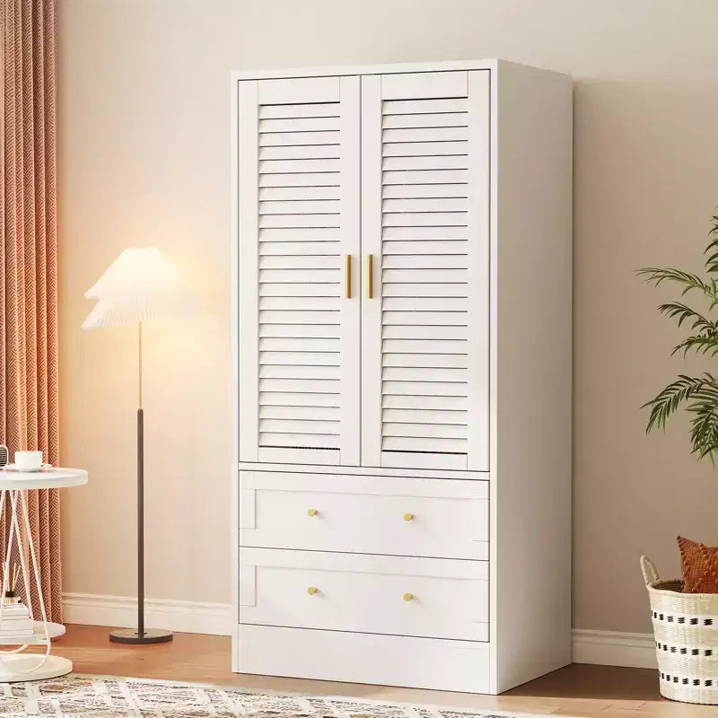 Armoire penderie à persiennes de 165 cm, Meuble de rangement en bois avec 2 portes et 2 tiroirs, Armoire de chambre avec tringle de suspension