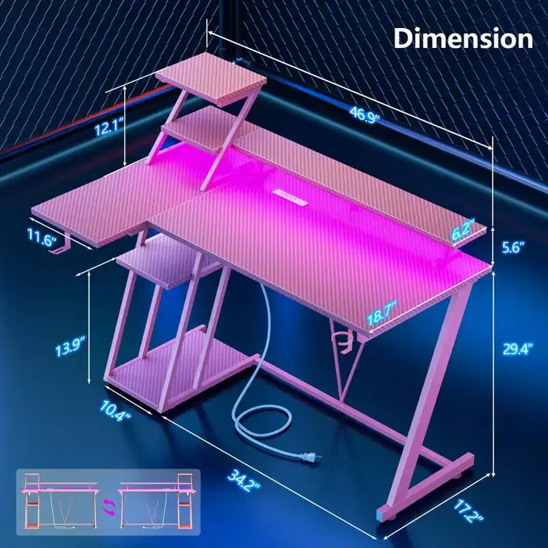 Bureau de jeu en L de 47 pouces rose pour petits espaces, table d'angle pour ordinateur avec support de moniteur, étagères de rangement, bureau de gamer en fibre de carbone, robuste pour salle PC