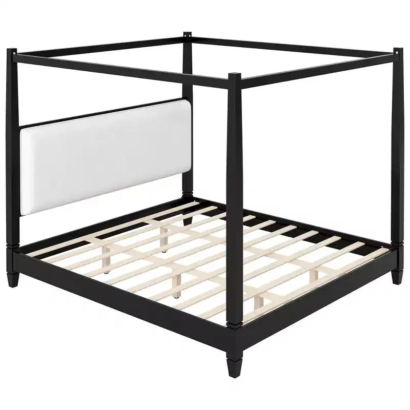 Lit plateforme à baldaquin Reyes de GDFStudio avec tête de lit capitonnée et pieds de support à lattes en bois