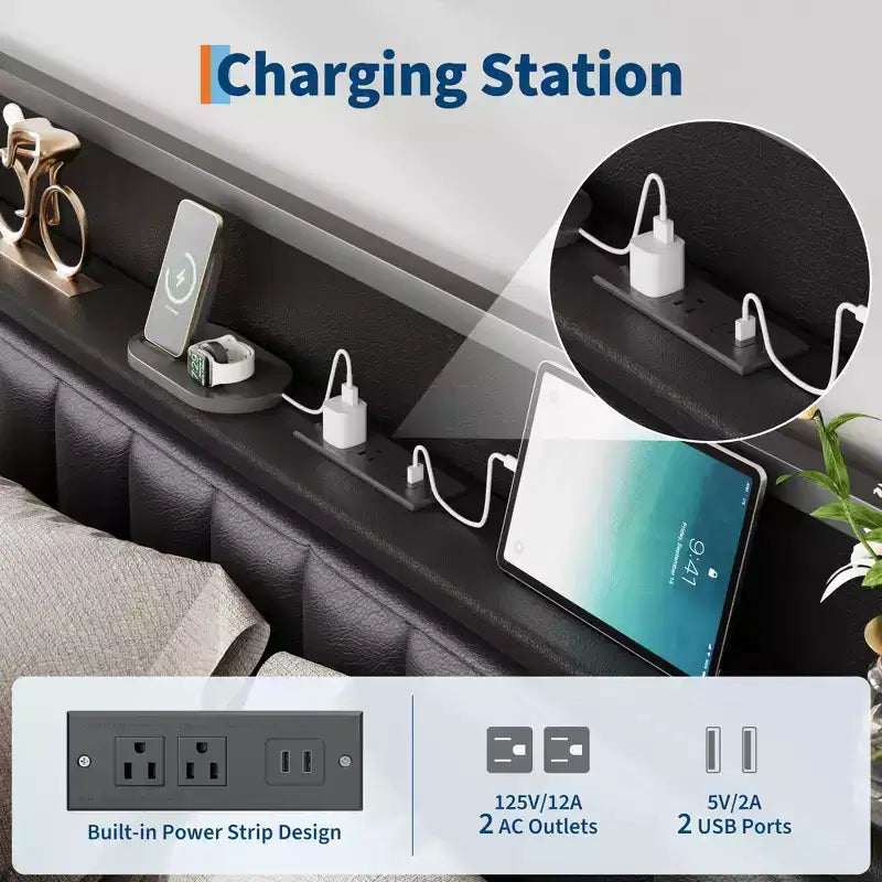 Lit avec revêtement en similicuir PU, tête de lit capitonnée avec station de charge, cadre de lit plateforme entièrement métallique avec rangement, aucun sommier tapissier requis
