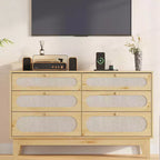 52.1 Commode en rotin avec station de charge, commode en bois à 6 tiroirs pour chambre à coucher avec tiroirs de capacités variées
