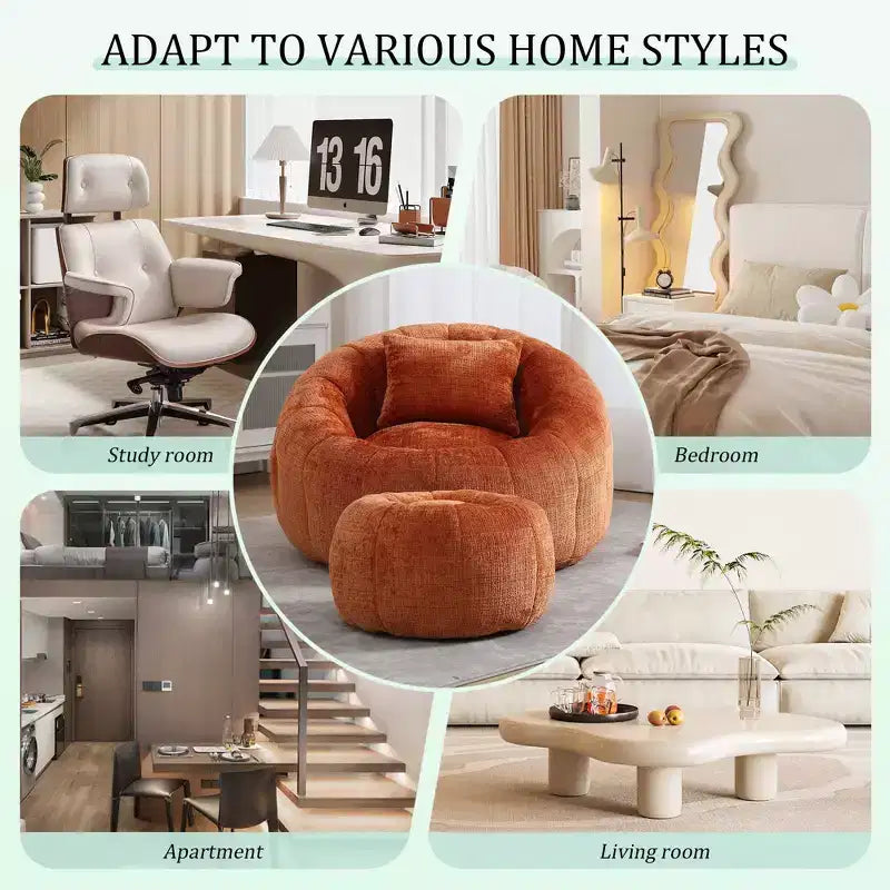 Pouf, chaise ronde confortable pour adultes avec repose-pieds, fauteuil de lecture individuel pour salon, chambre, appartement