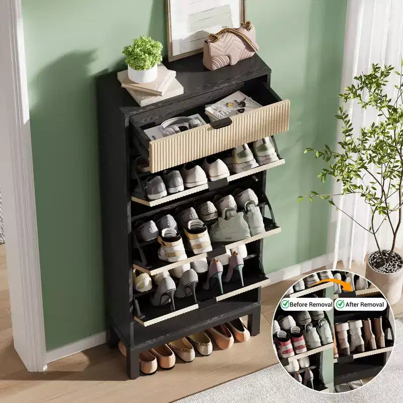 Meuble à chaussures GustoWave avec 3 portes basculantes et 1 tiroir, Étagère à chaussures en bois avec pieds en fer, Meuble de rangement à chaussures étroit, Organisateur de chaussures moderne avec cannelures