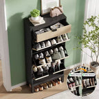 Meuble à chaussures GustoWave avec 3 portes basculantes et 1 tiroir, Étagère à chaussures en bois avec pieds en fer, Meuble de rangement à chaussures étroit, Organisateur de chaussures moderne avec cannelures