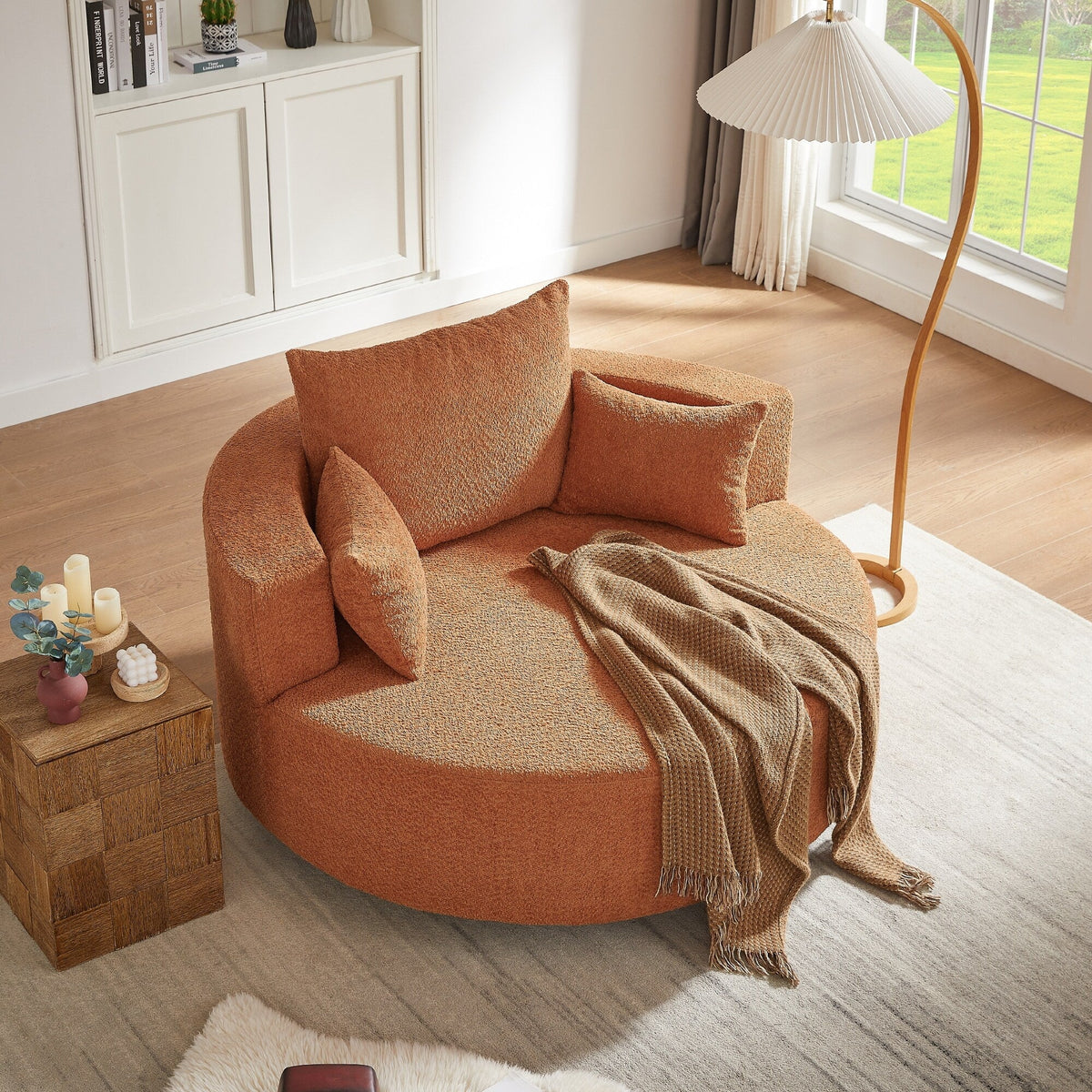 Fauteuil baril accent en chenille, Fauteuil de salon, Fauteuil rond avec base pivotante à 360 degrés et 3 coussins amovibles