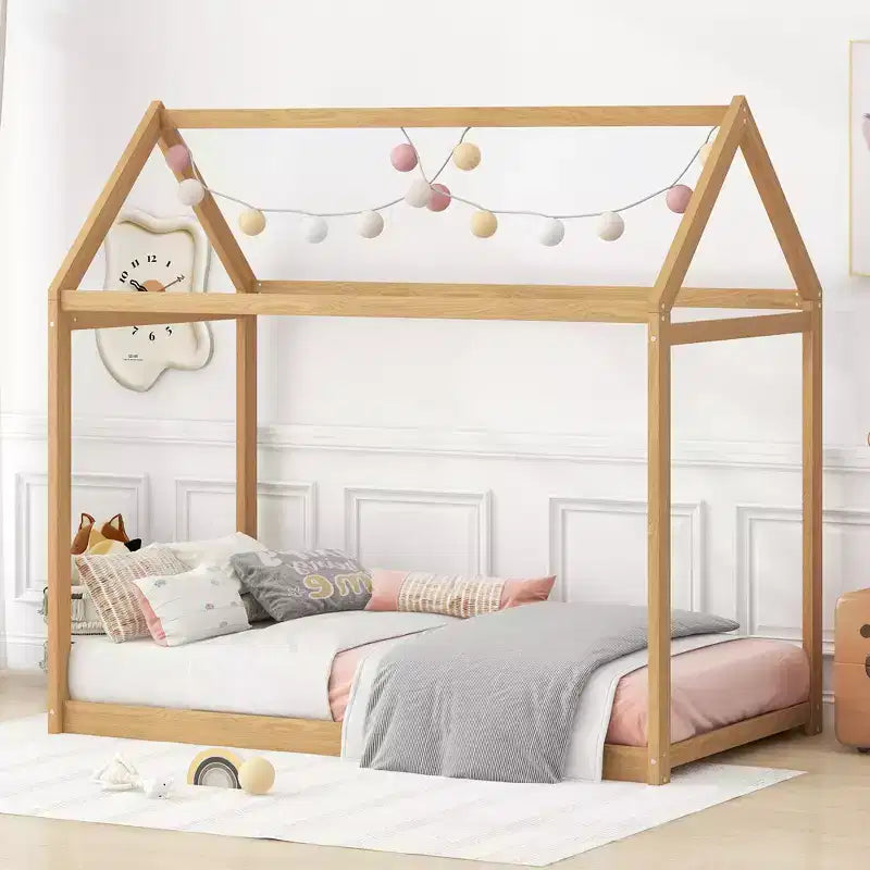 Lit plateforme en bois Whisen, taille double, en forme de maison