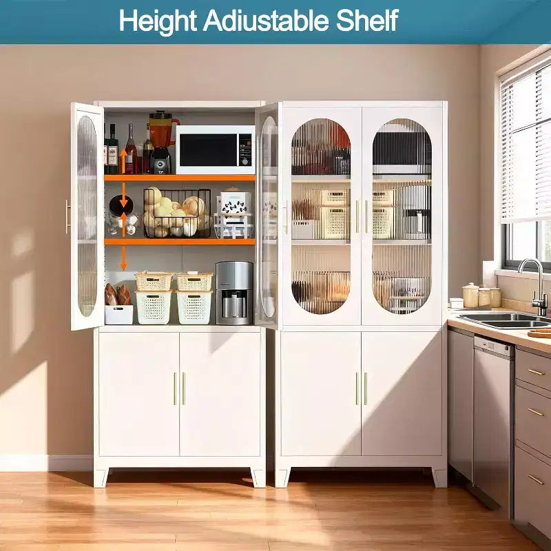 COZONY Armoire de cuisine moderne avec portes en verre cannelé, Armoire de rangement de cuisine de 180 cm, Buffet de rangement en métal pour salle à manger et organisateur de cuisine
