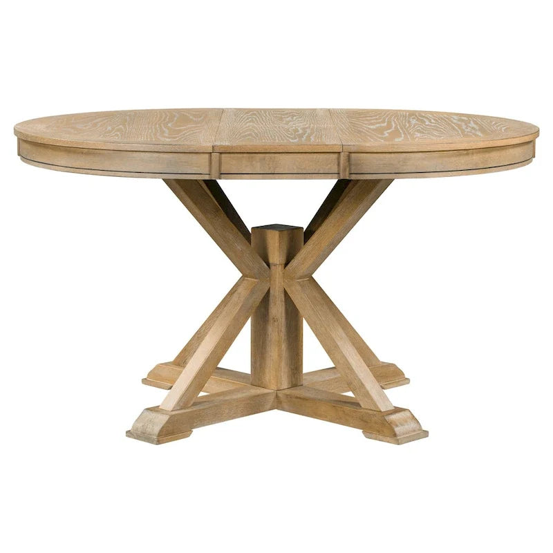 Ensemble de salle à manger 5 pièces en bois de style rétro avec table ronde extensible et 4 chaises, finition bois naturel vieilli