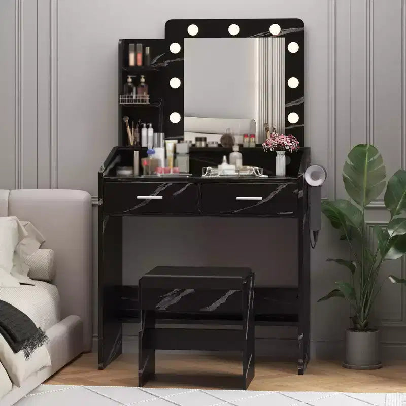 Coiffeuse de Maquillage avec Lumières, Bureau de Maquillage avec Miroir et Lumières, Grand Tiroir et Armoire de Rangement à Deux Étages, 3 Modes d'Éclairage