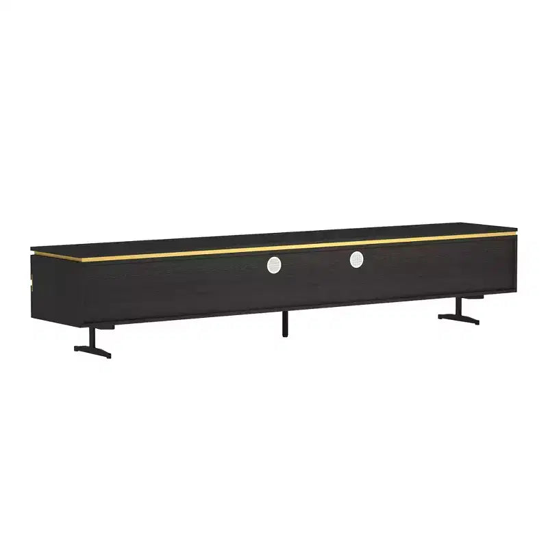 Meuble TV et console média noir Luck Live Farmhouse 86.61 avec tiroirs de rangement dissimulés, armoires fermées, pieds en métal et gestion des câbles
