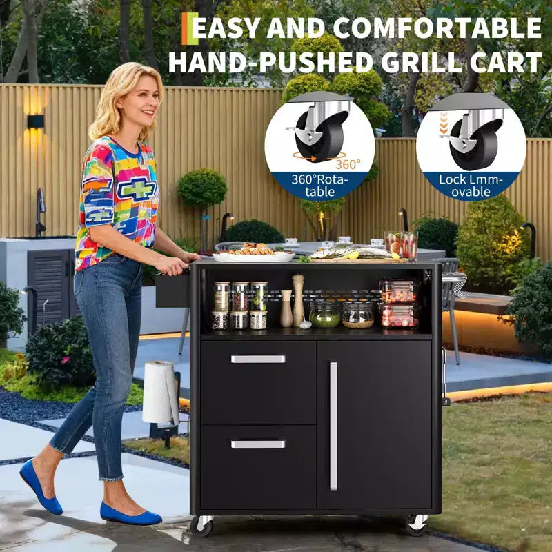 Table de cuisson, chariot de bar extérieur, chariot de barbecue avec armoire de rangement, îlot de cuisine multifonction, table de préparation des aliments avec surface en acier inoxydable
