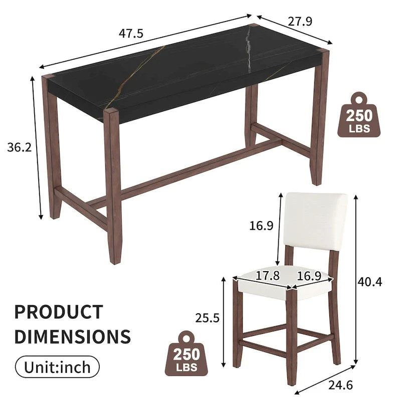 Ensemble de salle à manger 5 pièces à hauteur de comptoir, table de bar en faux marbre et 4 chaises rembourrées