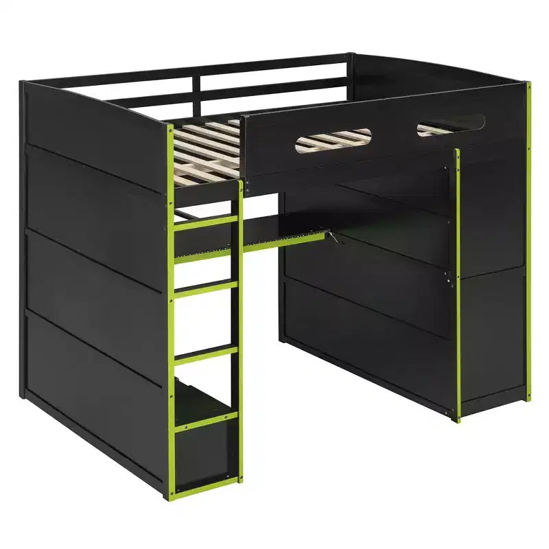 Lit mezzanine double Merax avec bureau, armoire, lumières LED RVB et port de chargement USB - Cadre noir élégant avec de multiples espaces de rangement pour les amateurs de jeux