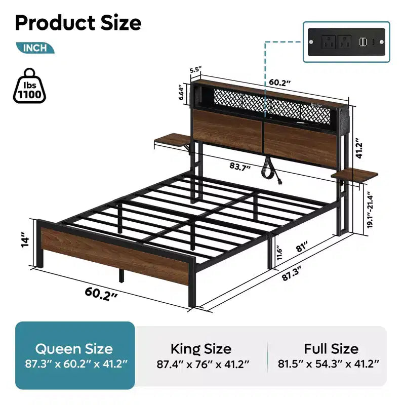 Cadre de lit Bestier Queen/Full en tissu, plateforme de lit LED, tête de lit de rangement avec étagères pliantes et station de charge